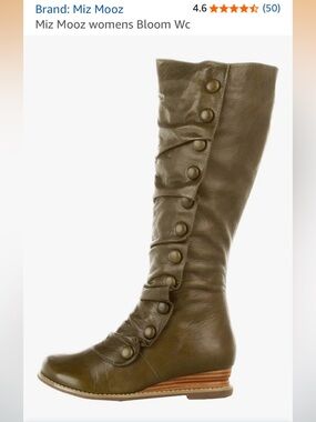 Miz Mooz Olive Green Mid-Calf BLOOM Leather Boots. Size 6.5 buttons / ruching